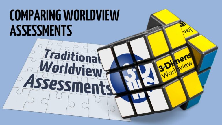 Text says "comparing worldview assessments;" a jigsaw puzzle that shows text reading "traditional worldview assessments" and a rubics-style cube labeled "3-dimensional worldview survey"