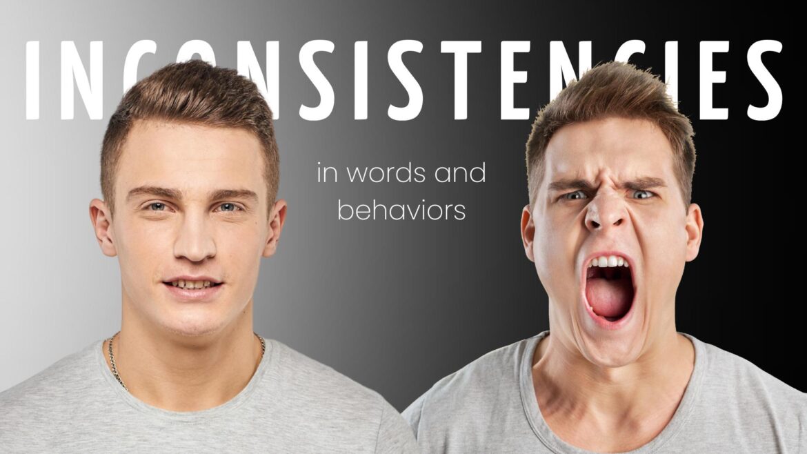 Two images of the same young man, on left calm, and on the right angry and appearing to be yelling. Behind them, the words Inconsistencies in words and behaviors.