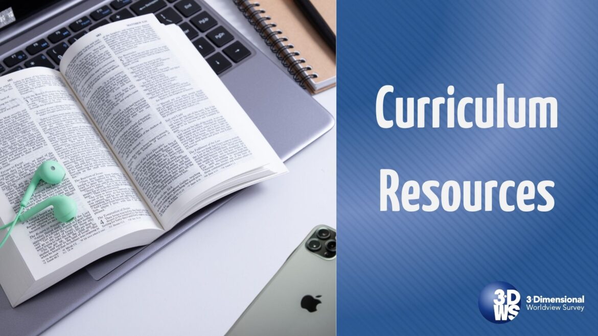 at left, open book on a laptop keyboard; at right, text "curriculum resources" and 30 Worldview Survey logo