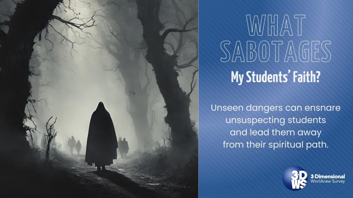 Left image is cloaked figure walking through foggy forest; right of image is text reading "What sabotages my students' faith? Unseen dangers can ensnare unsuspecting students and lead them away from their spiritual path" and the logo of the 3-dimensional worldview survey.