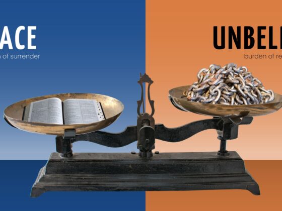 Split screen with balance scale spanning both sides. Left side is heavier. It is bible, labeled "peace;" right side, a pile of chains labeled "unbelief."
