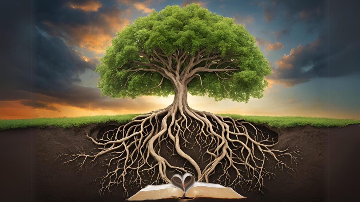 Large oak tree with roots reaching down to open Bible with pages curled to form a heart.