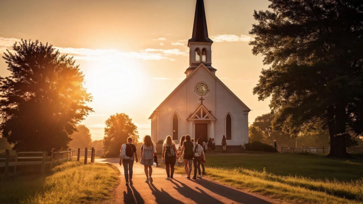 Golden hour at a country church with multiple people walking toward it.