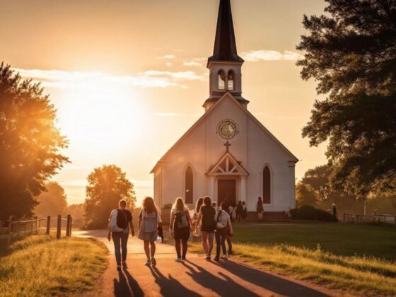 Golden hour at a country church with multiple people walking toward it.