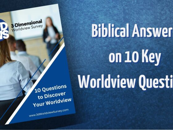 White text on blue ground: "biblical answers on 10 key worldview questions" with cover of a pdf titled "10 questions to discover your worldview"