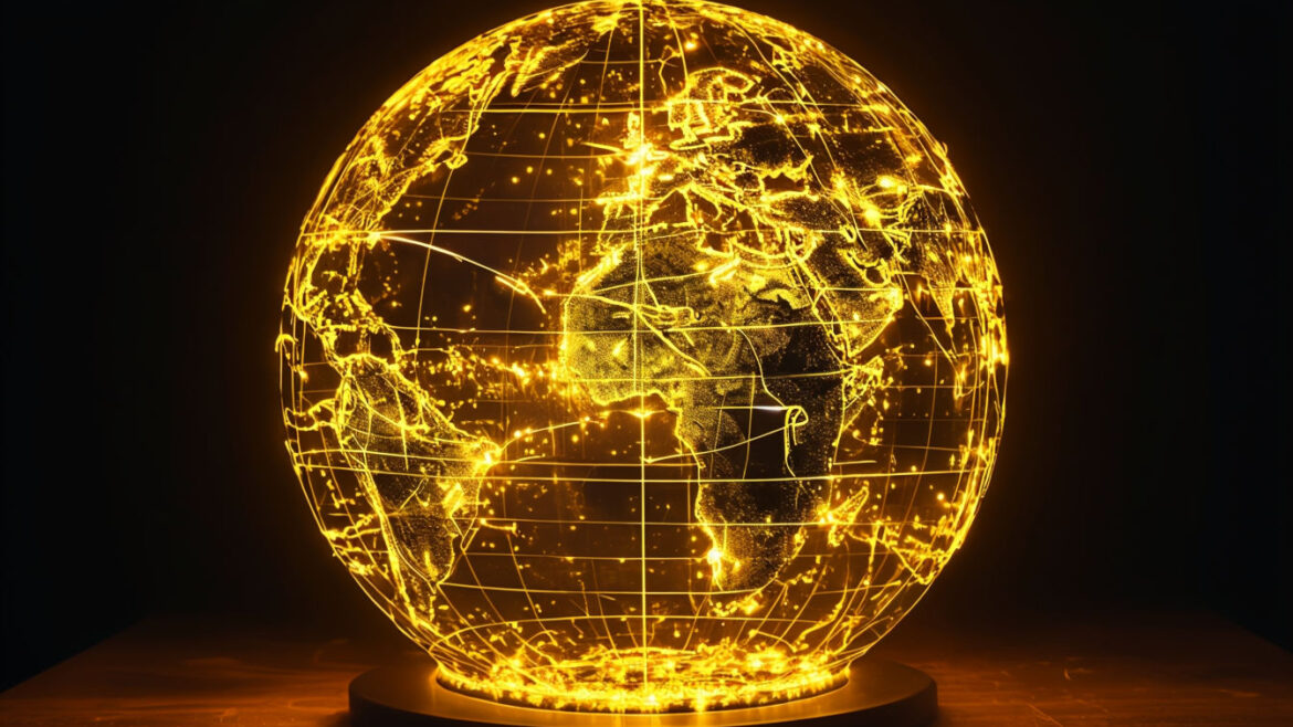 Golden glow illuminated globe in a dark room.