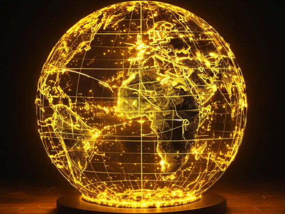 Golden glow illuminated globe in a dark room.