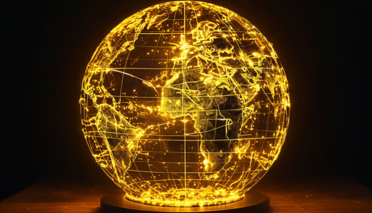 Golden glow illuminated globe in a dark room.