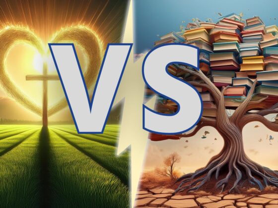 Screen split with lightening bolt and "VS" - left side is heart-shaped sunburst behind a cross; right side is barren tree branches laden with books