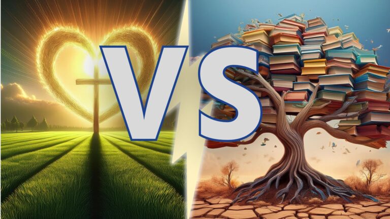 Screen split with lightening bolt and "VS" - left side is heart-shaped sunburst behind a cross; right side is barren tree branches laden with books