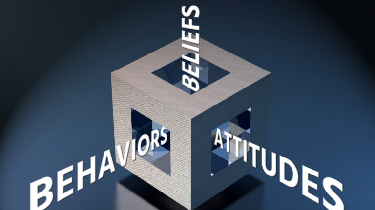 A hollow cube with the words beliefs, behaviors, and attitudes flowing out of each visible face.