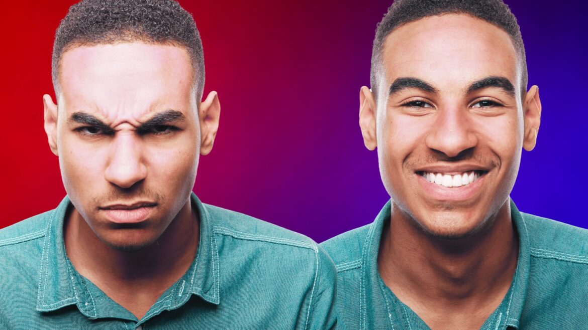 Two images of the same young adult male: on the left, a scowl, and on the right a smile.