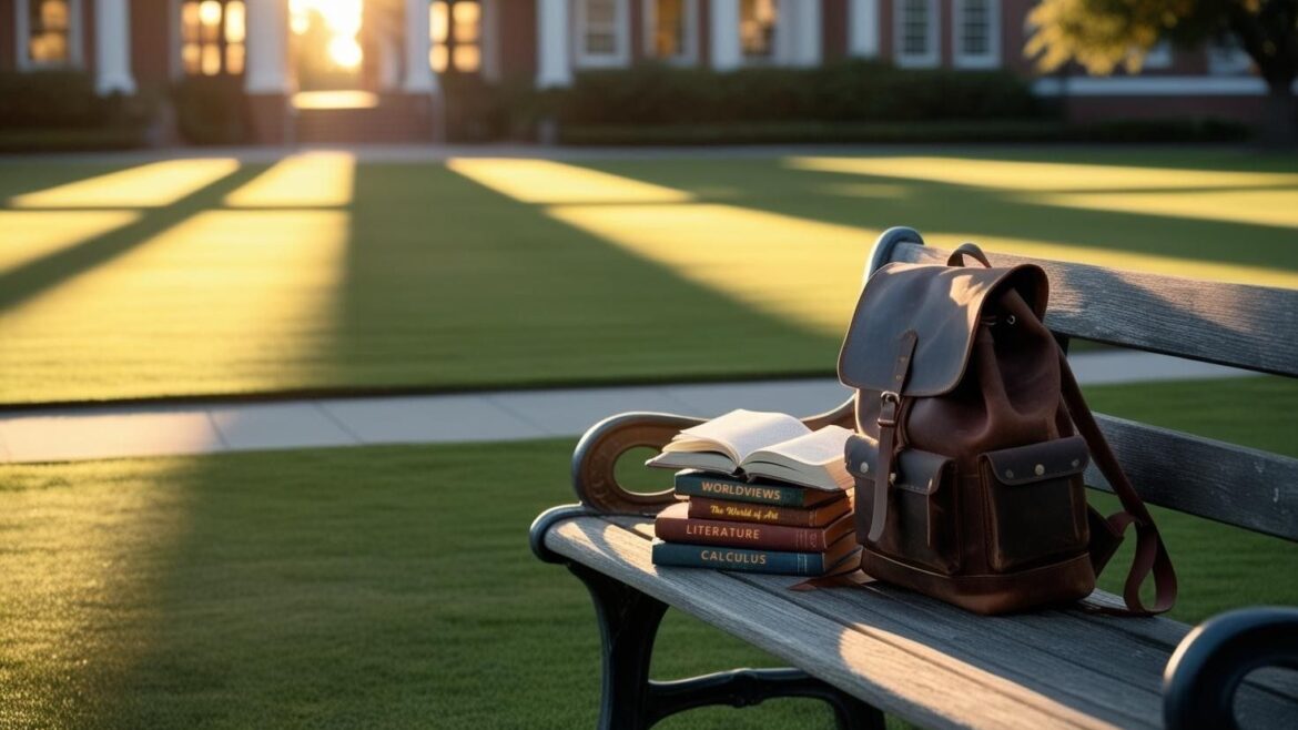 A stack of school textbooks and a backpack on a bench in a grassy open area in front of a school building.