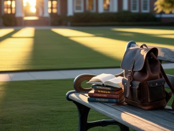 A stack of school textbooks and a backpack on a bench in a grassy open area in front of a school building.