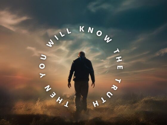 Silhouetted human figure with sunset clouds, and the text in circle around figure stating "Then you will know the truth"