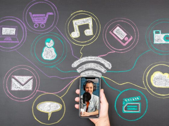 A chalkboard with a collection of symbols on it, including wifi bars, thought bubble, phone, email icon, and more.