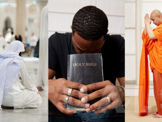 3 vertical panels: left is a man in full white robes kneeling; center is a man bowed with head resting on a Bible; right is a man in full orange robes standing with head resting on folded hands