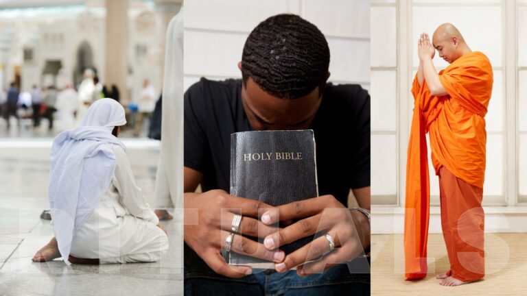 3 vertical panels: left is a man in full white robes kneeling; center is a man bowed with head resting on a Bible; right is a man in full orange robes standing with head resting on folded hands