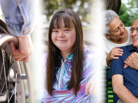 Vertically split screen with 3 images. Left, a close up a wheelchair wheel with a hand gripping it; center a young girl with visible signs of Down syndrome; right, an older couple looking fondly at one another.