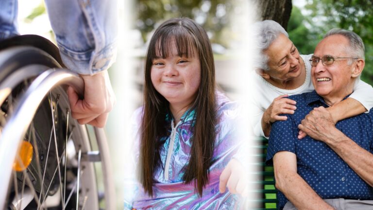 Vertically split screen with 3 images. Left, a close up a wheelchair wheel with a hand gripping it; center a young girl with visible signs of Down syndrome; right, an older couple looking fondly at one another.