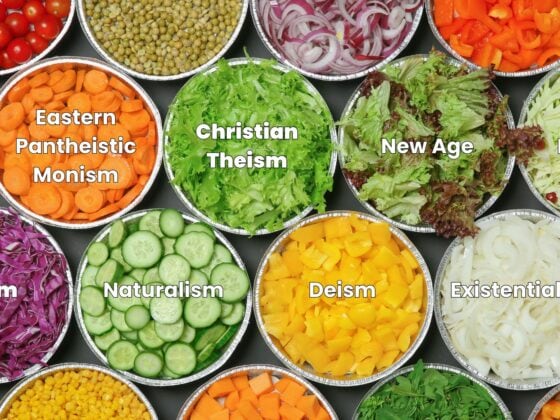 Overhead image of a colorful salad bar with labeled sections representing different worldviews. The central bowl is labeled “Christian Theism,” surrounded by others labeled Eastern Pantheistic Monism, New Age, Nihilism, Islam, Naturalism, Deism, and Existentialism, illustrating a mix-and-match approach to beliefs.