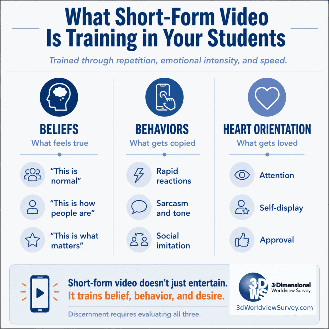 Short-form video infographic showing how TikTok and YouTube shape students’ beliefs, behaviors, and heart orientation through repetition, emotional intensity, and speed