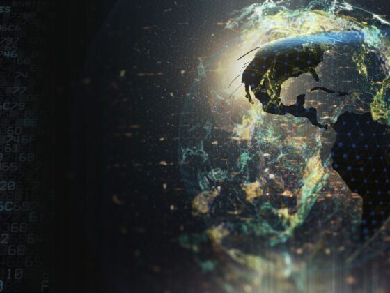 Digital globe surrounded by interconnected patterns of light and data, representing the question of whether history is guided by purpose or shaped by random events.