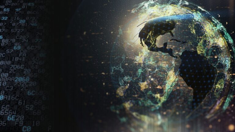 Digital globe surrounded by interconnected patterns of light and data, representing the question of whether history is guided by purpose or shaped by random events.