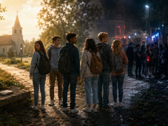 Students standing between a church and a secular social scene, illustrating the tension between professed Christian beliefs and everyday choices.