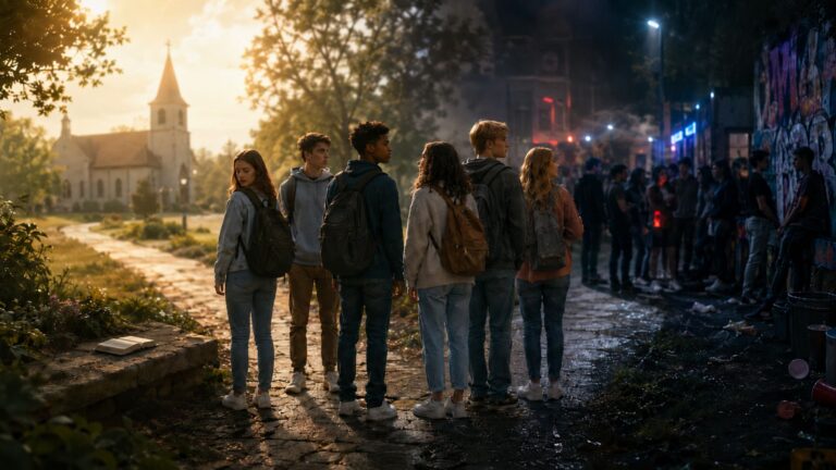 Students standing between a church and a secular social scene, illustrating the tension between professed Christian beliefs and everyday choices.