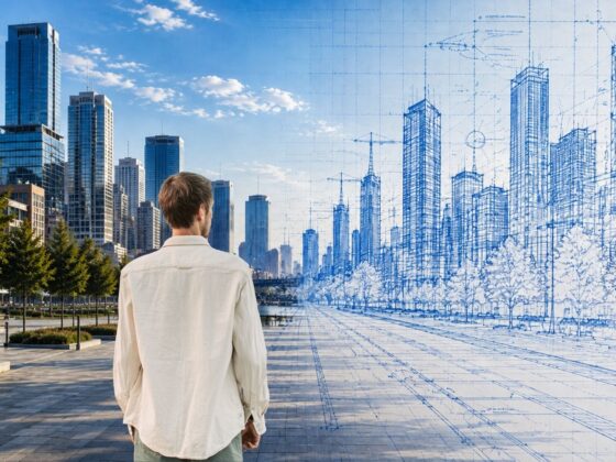 A young man stands facing a city skyline that transitions from completed buildings into blue architectural sketches, illustrating the power of imagination to envision what is not yet visible.