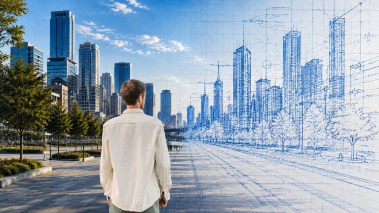 A young man stands facing a city skyline that transitions from completed buildings into blue architectural sketches, illustrating the power of imagination to envision what is not yet visible.